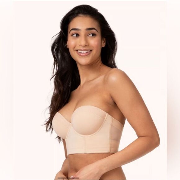 Lively Bra Size 34DD The Low Back Strapless Cream Beige Long Line Boned Bustier - Picture 2 of 16